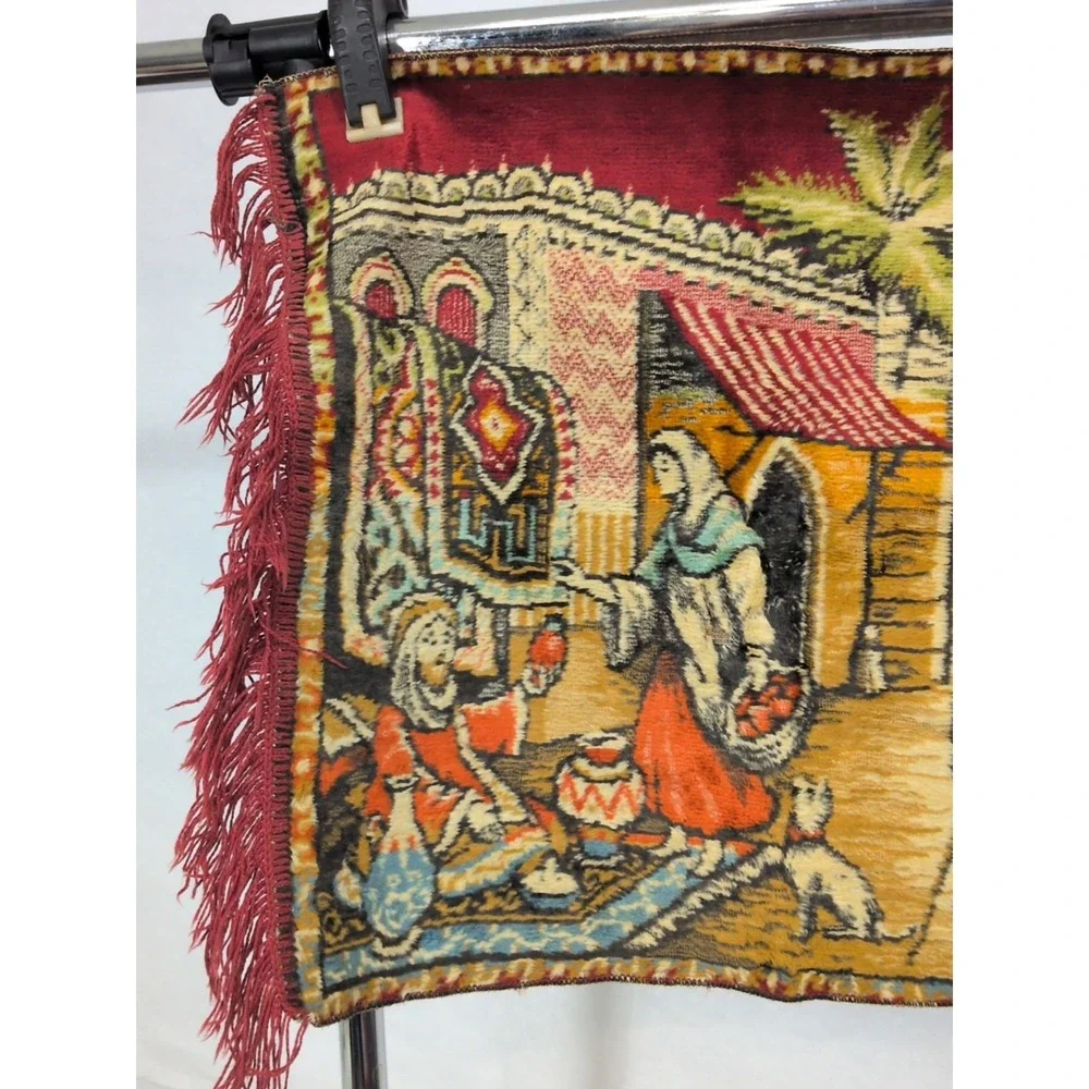 Vintage Italian Velvet Tapestry 41x19 Made In Italy Street Market Scene Camel